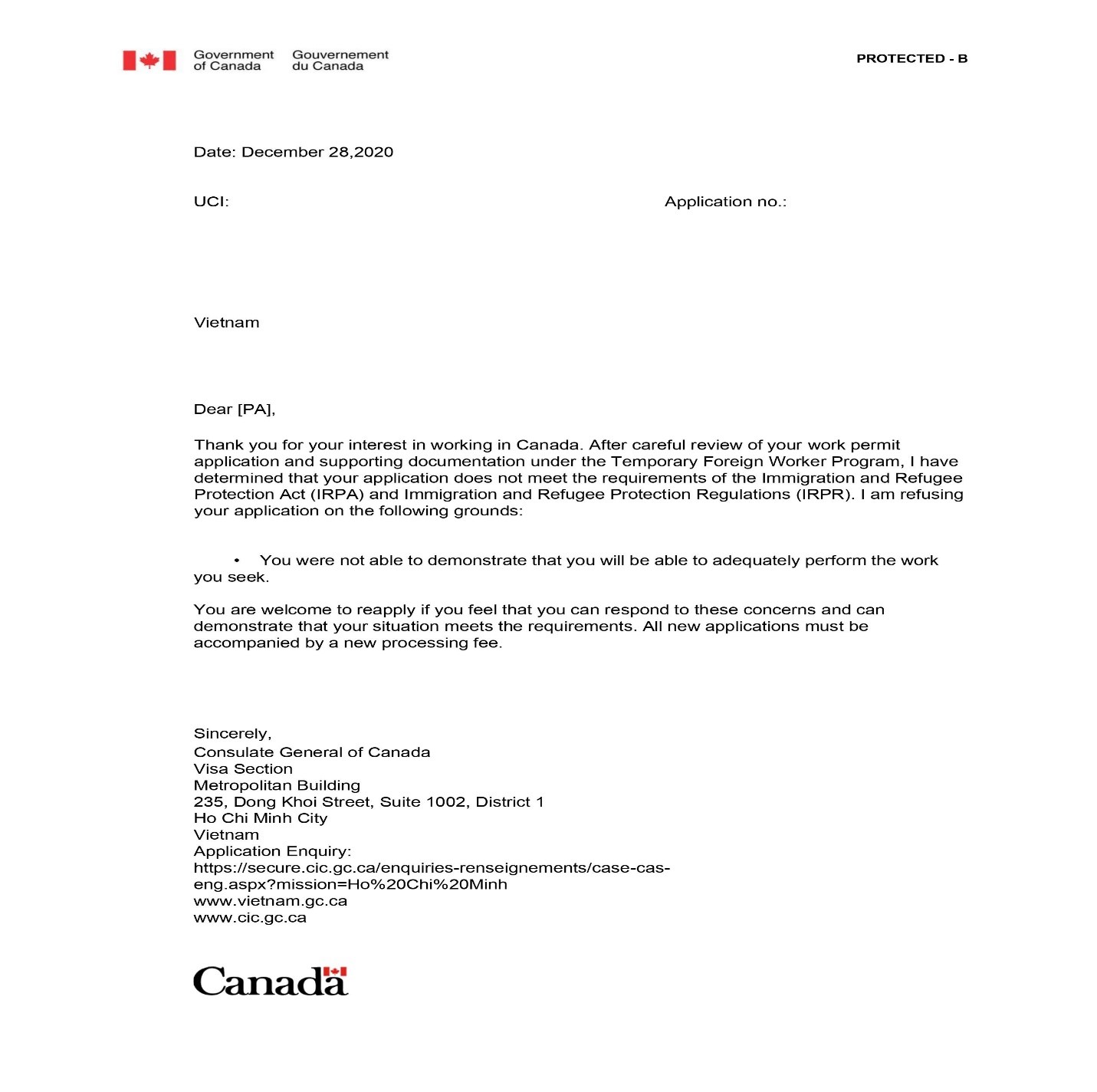 نامه ریجکتی کانادا، مهاجرت کاری